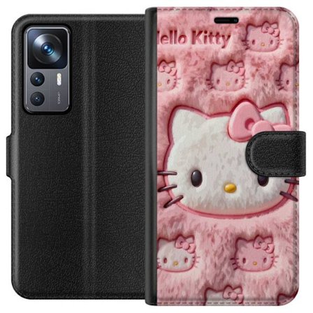 Kompatibelt Lommeboketui til Xiaomi 12T Pro Hello Kitty rosa fluffy bakgrunn med ikoniskt ansikt og kawaii-estetikk