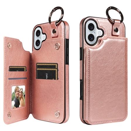 SKALO iPhone 16 Plus PU-Læder Kortholder Ring Cover - Rosa guld Pink gold