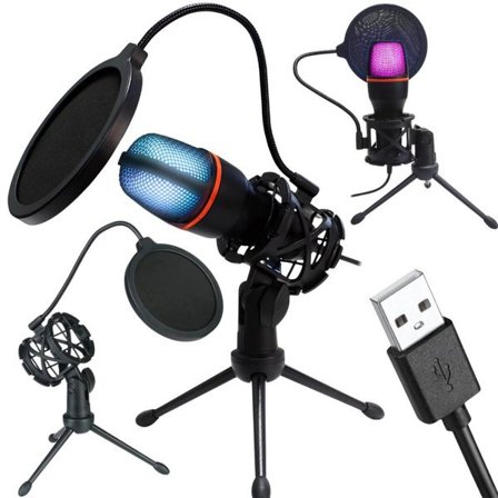RGB USB Studio Mikrofon med Stativ for Gaming, Podcast og Streaming