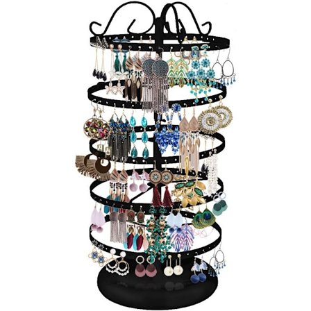 5-lags metal roterende øreringeæske, raffinerede smykkeholdere, halskædeholdere, 220 øreringehuller - 38 * 16 cm (sort)