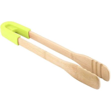 Trätång Grill Buffétång Bröd Biff Kökstillbehör med Grönt Silikonhandtag