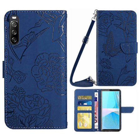För Sony Xperia 10 Iv Skin-Feel Fjärilspräglat Läderfodral (Axelrem) Blå