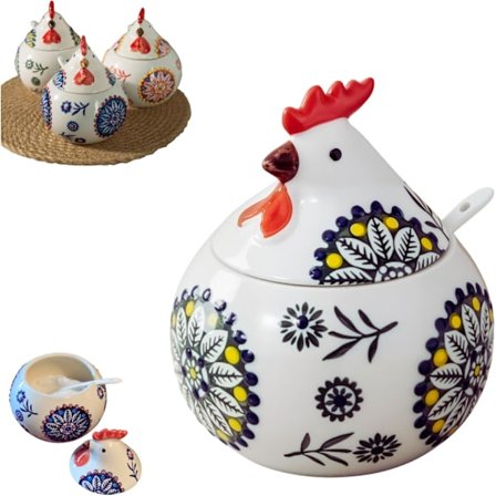 Saltkar med låg og ske, keramisk kyllingekrydderikrukke til opbevaring af salt, peber og sukker på køkkenbordet, ideel til hjemmekokke