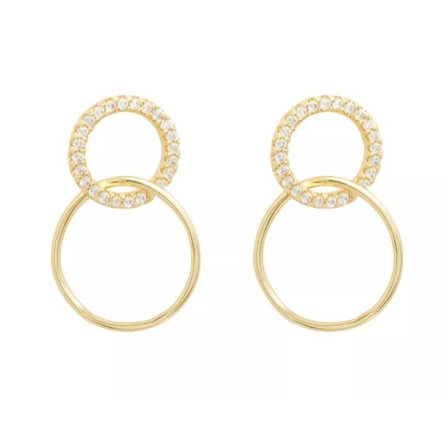 Guld Örhängen i Stål med Dubbla Cirklar/Ringar & CZ Kristaller - Guldpläterade