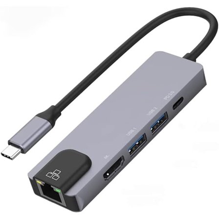 5-i-1 USB C-hubb med Ethernet, Type C-dongel till HDMI, PD 60W USB C-hubb Pass Through-laddning, 5 Gbps USB 3.0-port med hög överföringshastighet