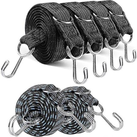 Set med 6 elastiska gummistroppar med krokar, 4 extra långa elastiska remmar på 2 m och 2 blå elastiska snören på 1 m, 200 x 3 cm, 100 x 3 