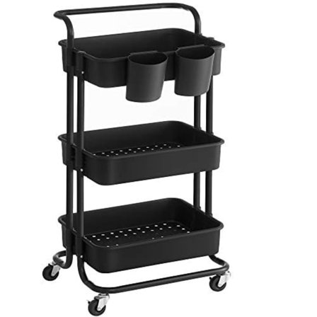 Songmics Rolling Cart, 3-Tier Storage Cart, förvaringsvagn med handtag, svart