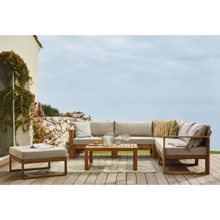 Modulärt hörnträdgårdssalong LEVATA XL - FSC akaciaträ - 8 personer - Linnegrå + Ingår skyddsdyna