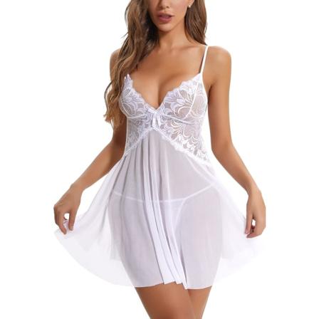 EXY Damkläder Lingerie Sexig Chemise Genomskinlig Blomspets Split Hem Nattlinne med Trosa Mesh Nattlinne Babydoll Plus Storlek Pärlvit Stor