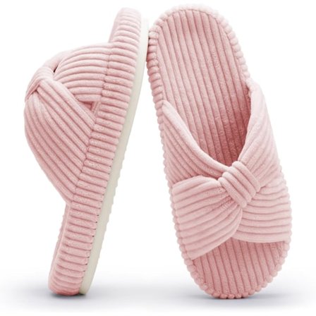 Størrelse 39. Slippers til kvinder med memory foam til hjemmet, soveværelset, corduroy, bue, krydsbånd, glide-slippersko, behagelige, trendy gave, 