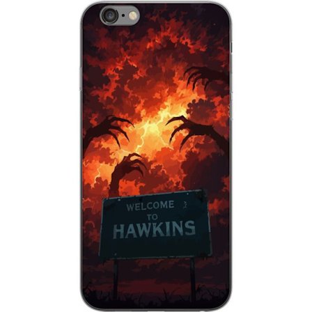 Yhteensopiva Puhelinkuori Apple iPhone 6 Plus Pimeä apokalyptinen fantasiakohtaus palavalla taivaalla ja Hawkins-kyltti Stranger Things -tyylillä