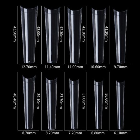 500 Ekstra Lange Negleklistremerker XXL Koniske/Firkantede Transparent