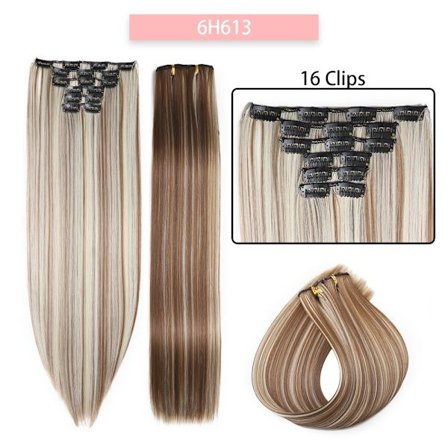 24 tum 16 clips i syntetiskt hårförlängning Lång rak frisyr Syntetbrun Svart hårstrån Värmebeständigt löshår