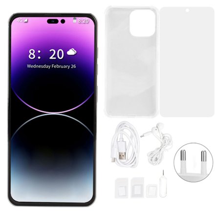 I14 ProMax Älypuhelin 6,7 tuumaa 4G-verkko 4GB RAM 128GB ROM 4000mAh Akku Android 12 100‐240V Valkoinen EU-pistoke