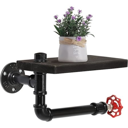 Teollinen WC-paperiteline, seinään asennettava valurautaputkesta valmistettu WC-paperiteline puuhyllyllä kylpyhuoneeseen, pesuhuoneen rullateline