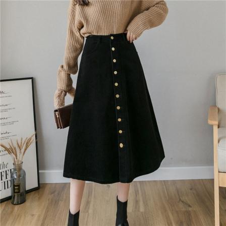 Høst vinter metal knapper høj talje A-linje kjole Vintage elegante bords kjoler til kvinder (Farve: Khaki, sort, Størrelse: l)