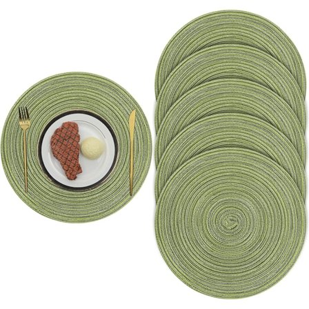 38cm/15 tommer Vævede Runde 6 stk. Bordskånere Varmeisolerende Skridsikker Flettet Bomuldsmåtter Vaskbare Bordskånere (Grøn)