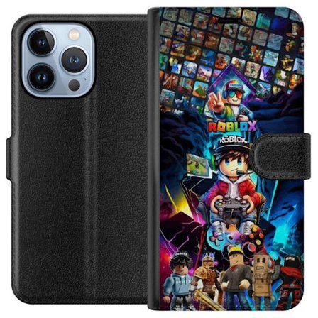 Apple iPhone 13 Pro Lommeboketui Fargerikt Roblox-kollasje med spillkarakterer, kontroller og neonlys - energirik spilldesign