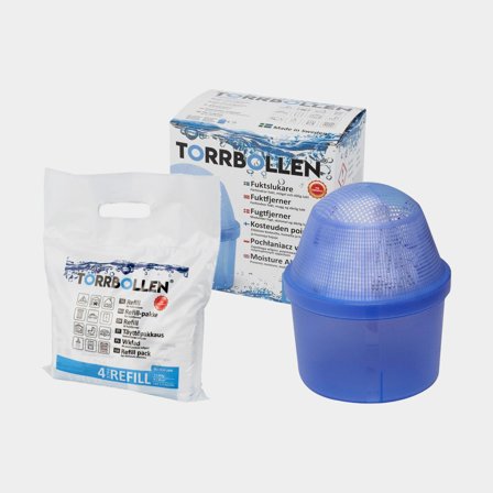 Absorbedor de humedad Torrbollen Original, superficie de acción hasta 14 m², recargable + 5 cartuchos secantes (5 x 450 gramos)