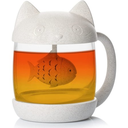 Mister Le Chat - Kattformet tekopp i glas med fiskformad teinfuser