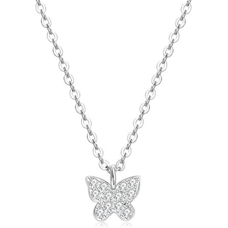 Moissanitt-smykke med sommerfugl-anheng for kvinner, 18K hvitt gullbelagt delikat halskjede i 925 sterling sølv, rund sliping, VVS1 