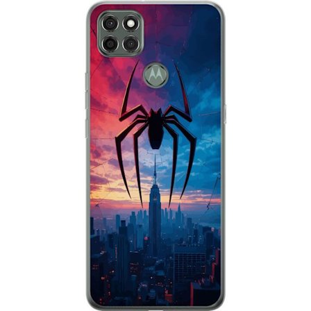 Kompatibelt Mobildeksel til Motorola Motorola Moto G9 Power Stilisert edderkopp over bysilhuett i dramatisk solnedgang, grafisk fantasyillustrasjon me