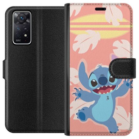 Kompatibel Tegnebogsetui til Xiaomi Redmi Note 11 Pro 5G Glad illustration af Stitch der hopper foran lyserød baggrund med surfbræt