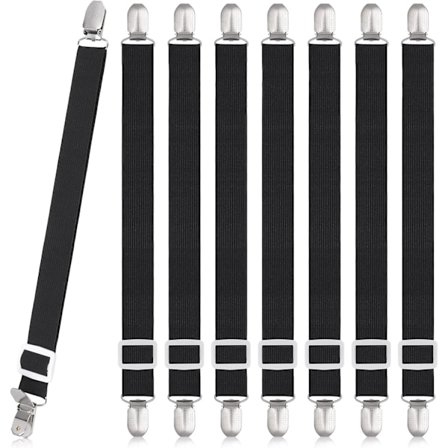 8 stk. lagenclips, justerbare lagenholdere, højelastiske pull-on lagenbånd med clips, lagenfastgørelser maks. stræk 120 cm, lagenholder sort