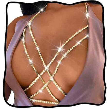 Rhinestone Kroppskjede Smykker Gull BH Smykker Bling Pluss Størrelse Kroppskjeder for Kvinner Gull
