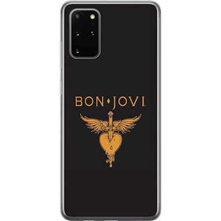 Kompatibelt Mobilskal till Samsung Samsung Galaxy S20+ Ikonisk musikillustration med bevingat hjärta och dolk i guldtoner på mörk bakgrund, kraftfu