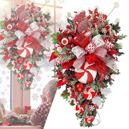 Julkrans med polkagrisar för ytterdörr utomhus, röd och vit droppformad polkagriskrans, juldekorationer för trappor, julgranskulor