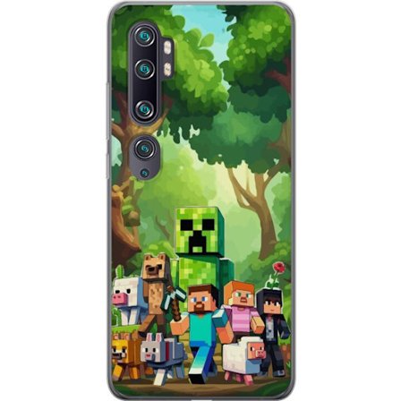 Kompatibel Mobilcover til Xiaomi Mi Note 10 Klodset pixeleret spilverden med grønne figurer og dyr i frodig skovmiljø