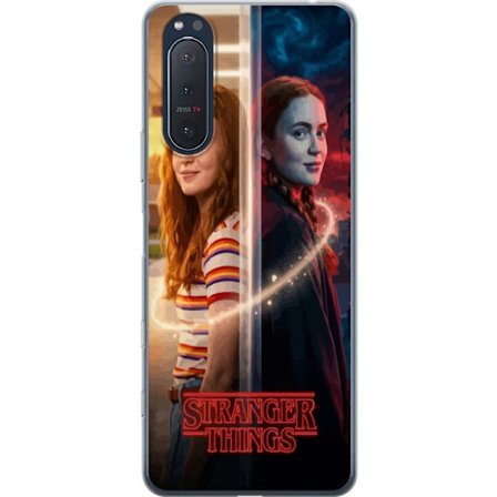 Kompatibelt Mobildeksel til Sony Xperia 5 II Delt portrett av Max Mayfield mellom hverdag og mørk parallellverden i Stranger Things-stil
