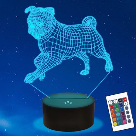 Bulldog Nattlampa, 3D Illusion Puglampa för Barn, 16 Färger som Byter med Fjärrkontroll, Barnrumsdekoration