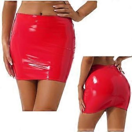 Dame Sexede Nederdele Blank Patent Læder Mininederdel Ensfarvet Elastisk Taljebånd Blyant Nederdel Skinnende Våd Look Latex Nederdel Klubtøj (L rød)