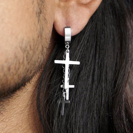 Sølvfarget Ørering med Korstrio for menn - Øreringer med Anheng