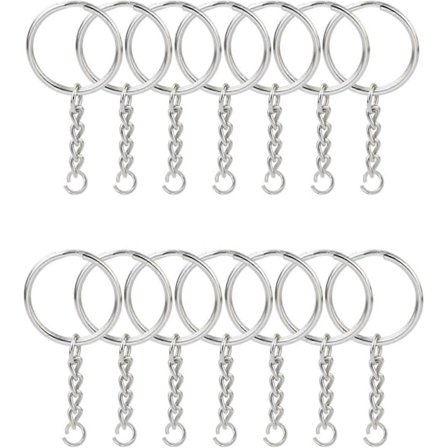 100 stk Delt Nøkkelring med Kjede 25 mm, Delt Nøkkelring med Kjede Sølvfarget Metall Delt Nøkkelring med Åpen Hoppring og Con (FMY)