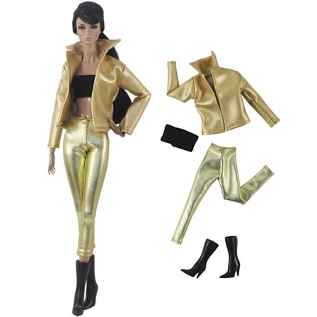 Læderbukser + støvler sæt med 4 - guld, dukketøj - festtøj