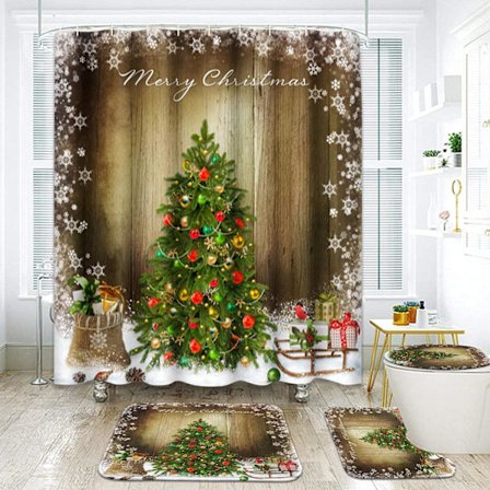 4-osainen suihkuverhosetti 12 koukulla, Puu Hyvää Joulua, ZQKLA