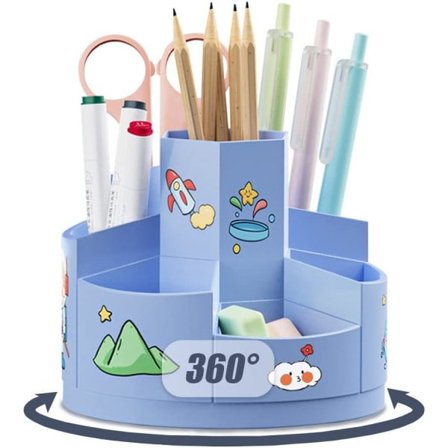 360° Roterbar Roterende Penneholder, Kreativ Blyantkrukke, Stasjonær Skrivebordsorganisator, med 2 stk Tegneserieklistremerker, med 7 Rom (Blå)