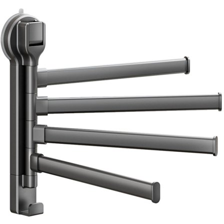 Roterende håndklædeholder med 4 arme, vægmonteret uden boring, kulstofstål, 180-graders rotation med sugekop, fritstående til badeværelse, køkken, grå