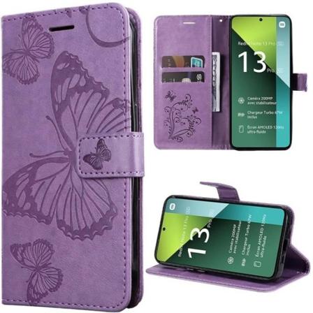 Fodral till Xiaomi Redmi Note 13 Pro 5G (ej för 4G), Stötsäkert PU-läder med kortplatser och hållare, fjärilsmönster - lila
