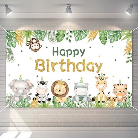 Djungel Safari Fest Dekorationer - Grattis på födelsedagen Banner Bakgrund - Pojkar - 180 X 110cm Satin Grönska - Söta Djur Tema Designad Bakgrund