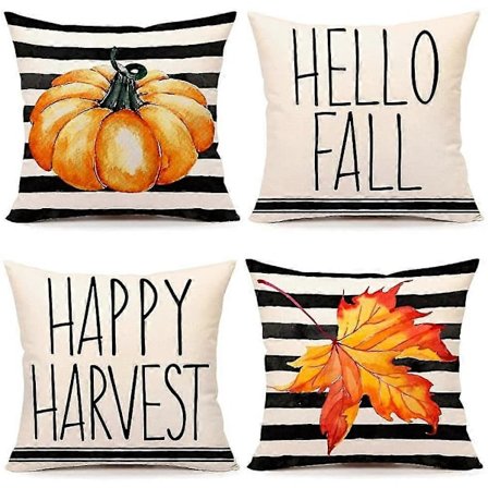 Syksyn raidalliset kurpitsatyynynpäälliset 18x18, 4 kpl, maalaistalon koristeet, Hello Fall, Happy Harvest, Thanksgiving, vaahteranlehdet T41-18 (