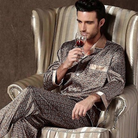 Herre Plet Silke Pyjamas Sæt Pyjamas Mænd Nattøj Trykt Silke Natkjole Hjemme Mand Satin Blød Hyggelig Sovende Pyjamas[HK]