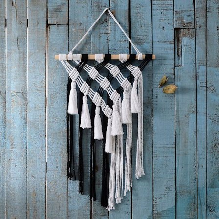 Macrame vægophæng sort og hvid, vægophæng dekoration, vævet vægkunst ophæng gobelin til soveværelse stue lejlighed sovesal dør landhusindretning