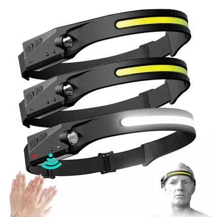 Tre LED-hodelykter med bevegelsessensorer, lett løpehodelykt, svart.