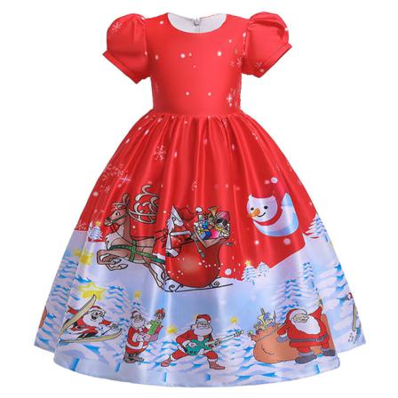 Toddler Santa Print Crew Neck Party Dress Kortärmade Klänningar