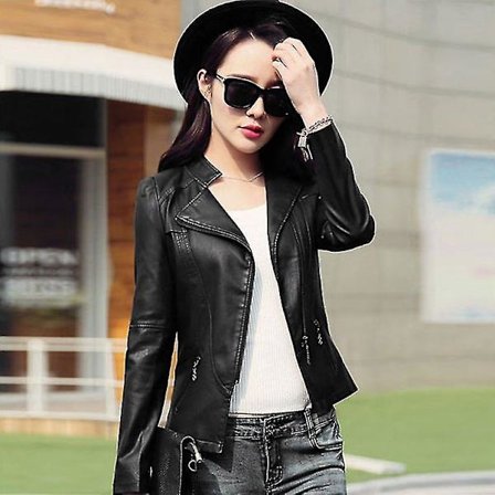 Dame PU Lærjakke Lang Erme Motorsykkeljakke