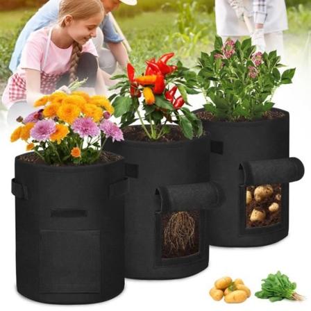 XMTECH 3-pack planteringspåsar, 10 gallon växtpåsar, växtpåsar med handtag och åtkomstflik, svart